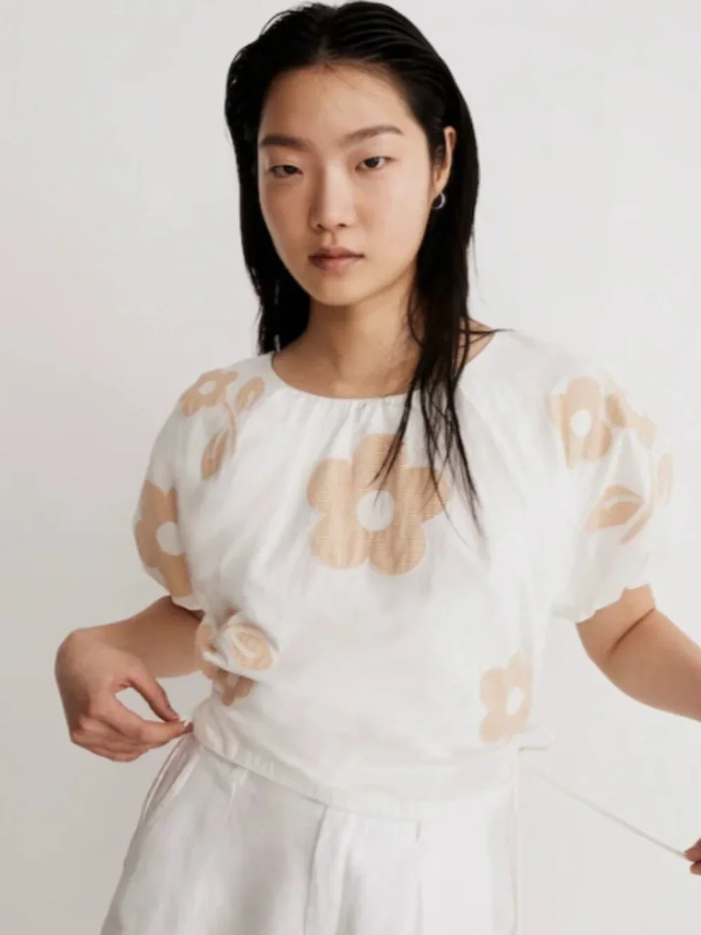 Madewell Embroidered Poplin Puff-Sleeve Cutout Crop Top Size S